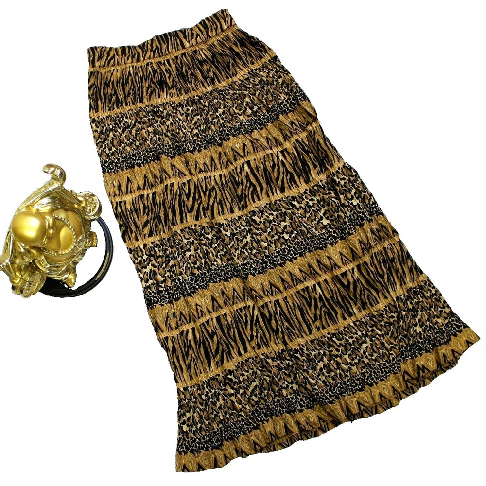 River Ridge Women L Maxi Skirt Y2K Maxi Gypsy Leopard Pleated Elastic Waist